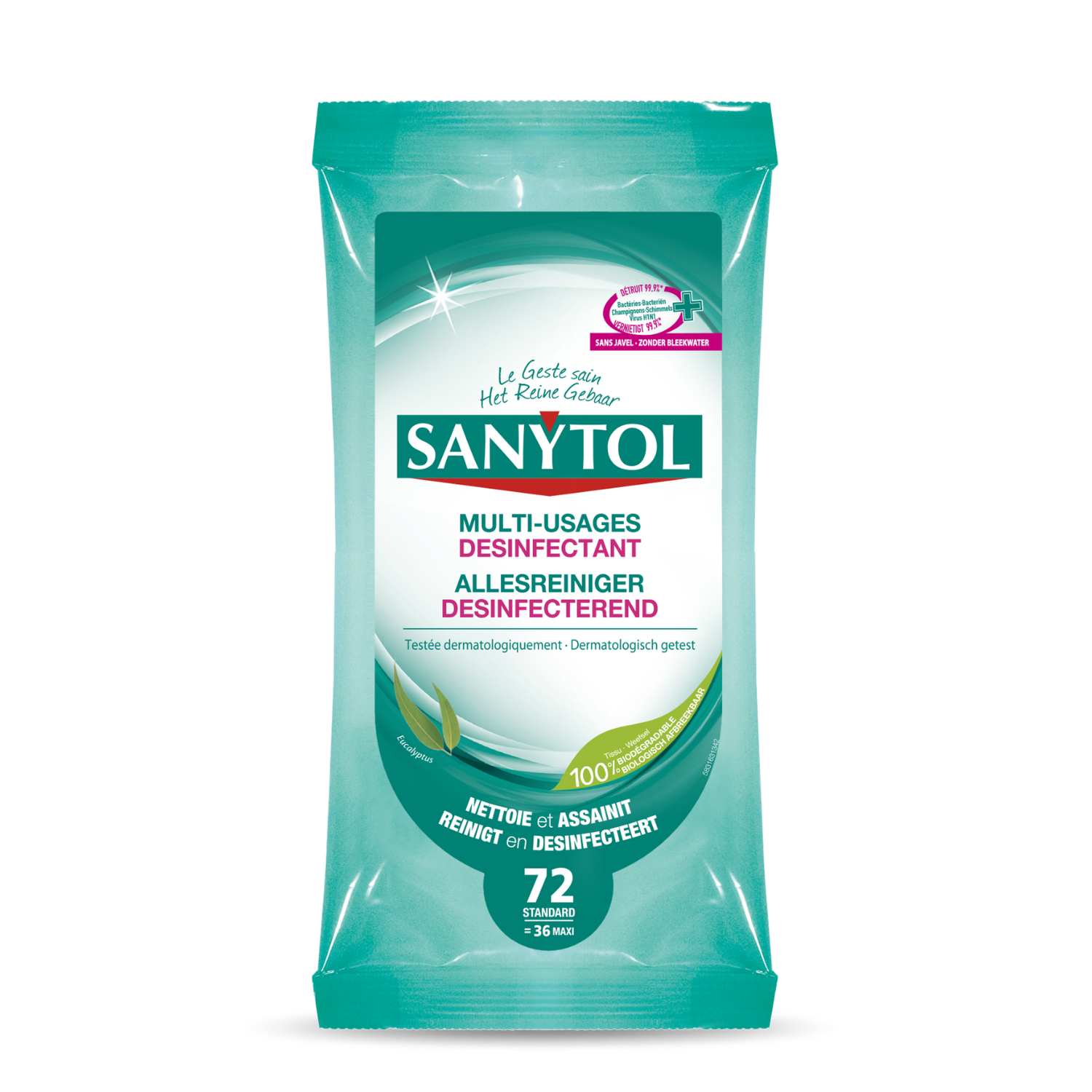 Lingettes désinfectantes multi-usages Sanytol 94 % végétal, eucalyptus et  menthe - Paquet de 72 sur